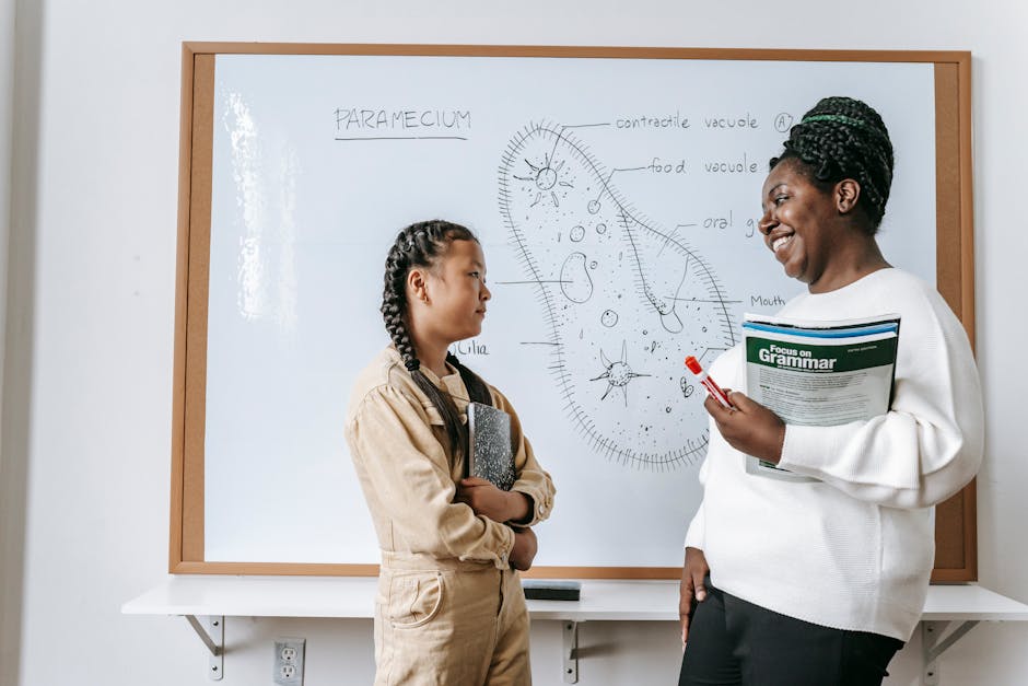 Side view of smiling African American female teacher holding textbooks while communicating with Asian teenage girl after lesson