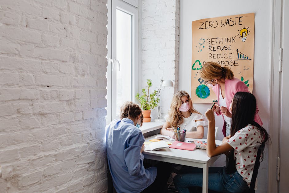 A teacher instructs teenagers on environmental conservation in a classroom setting, emphasizing zero waste practices